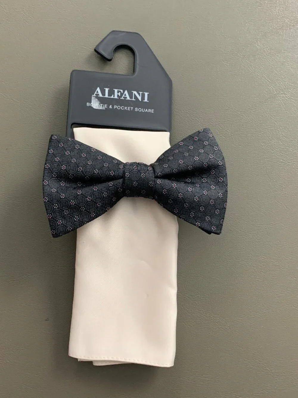 Alfani Men's Prince Geometric Bow Tie & Solid Pocket Square Set, Black Beige